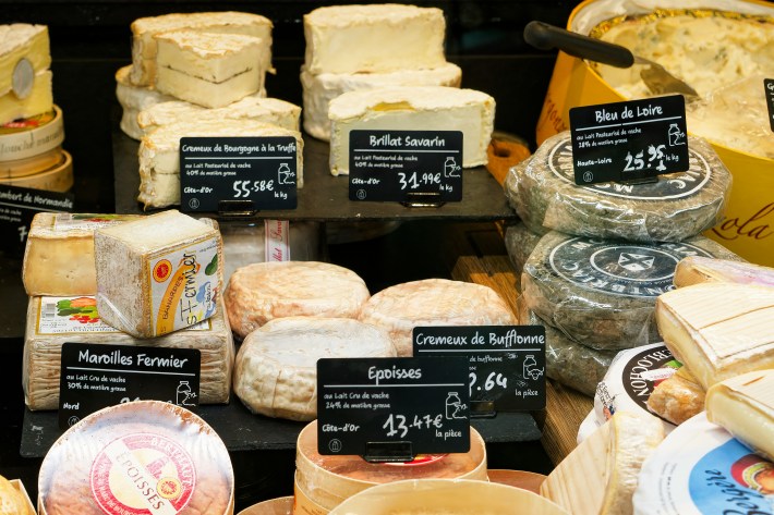An assortment of artisan cheeses on display.