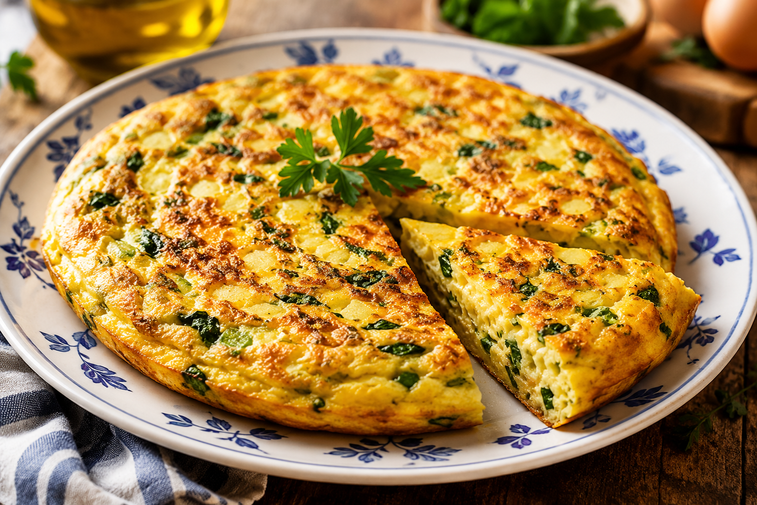 A warm frittata on a plate with flowers with one slice cut