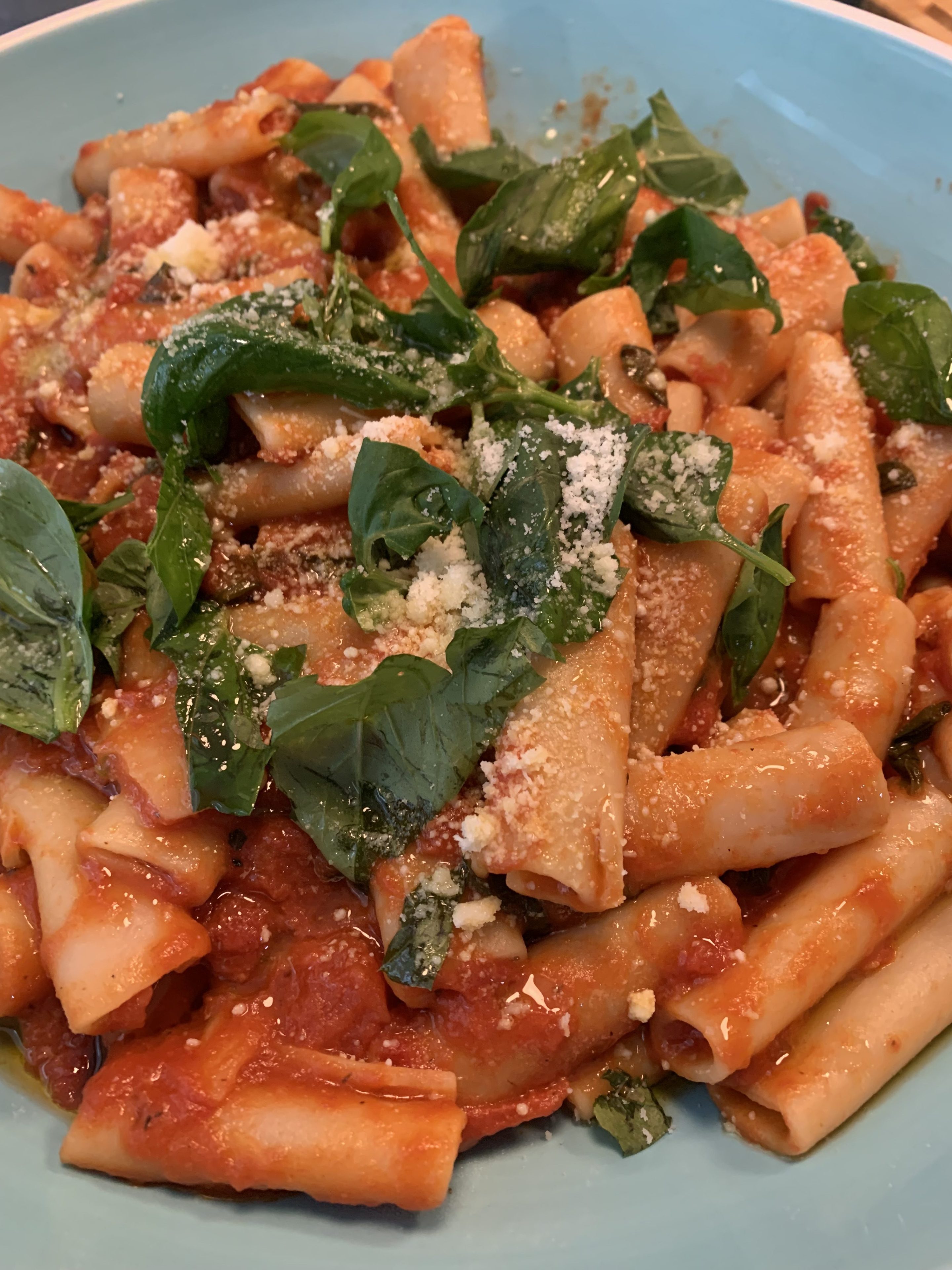 Rigatoni tossed in a fresh basil tomato sauce with torn basil leaves, grated Parmigiano Reggiano, and olive oil.