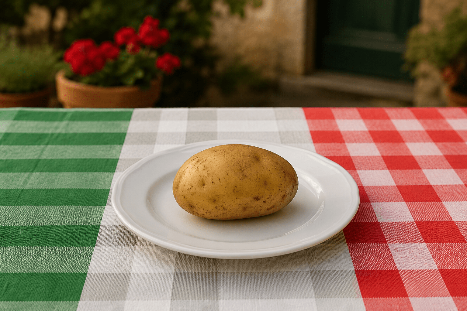 A single potato on a white plate atop an Italian tricolor tablecloth