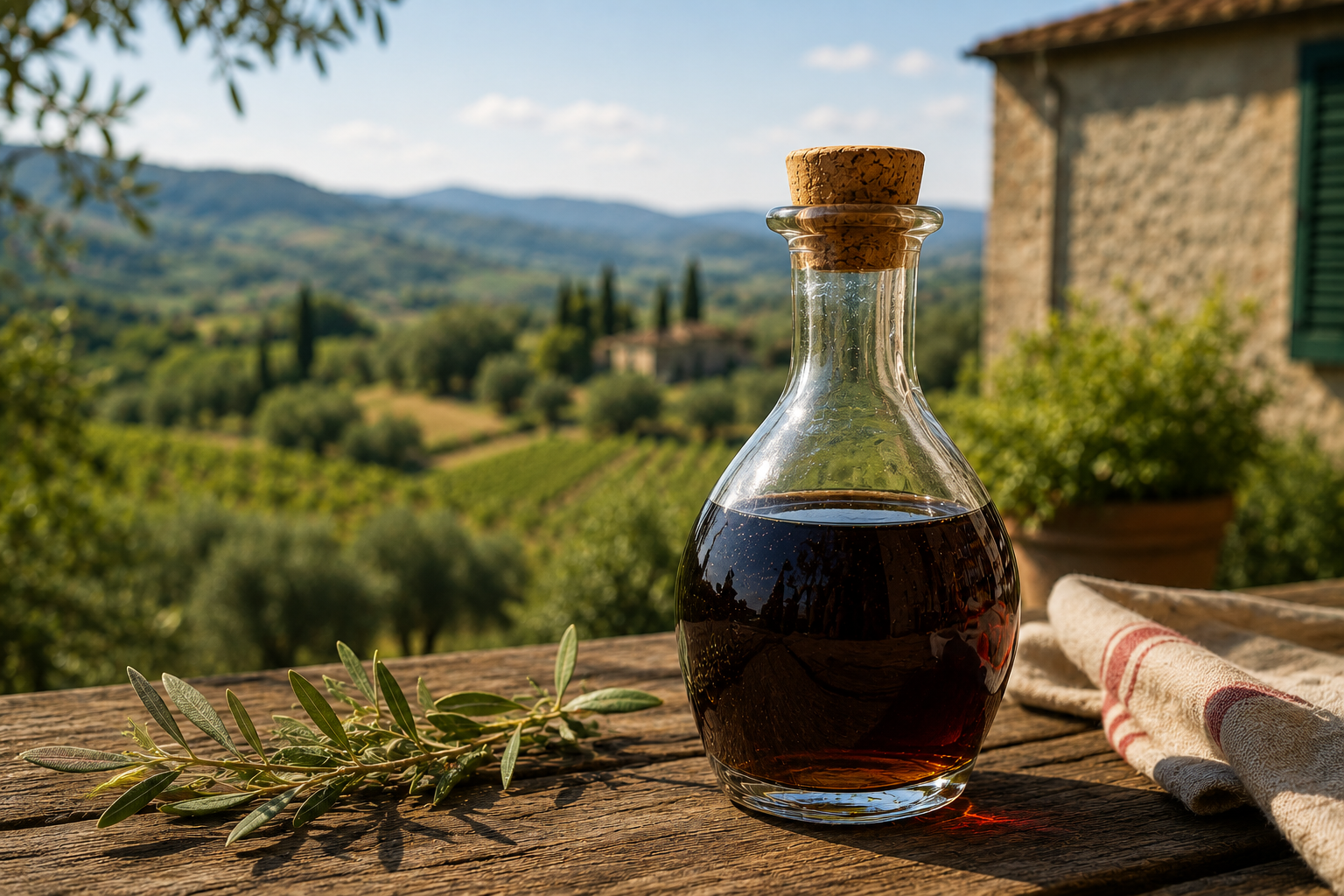 Italian vinegar on a table in the countryside