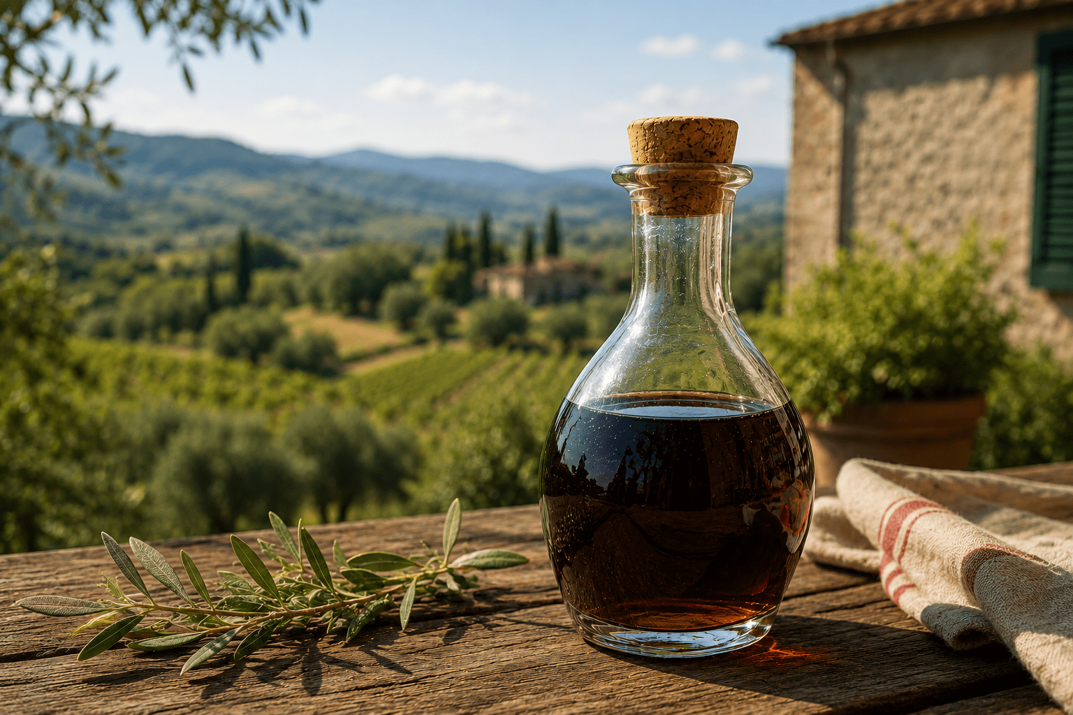 Italian vinegar on a table in the countryside