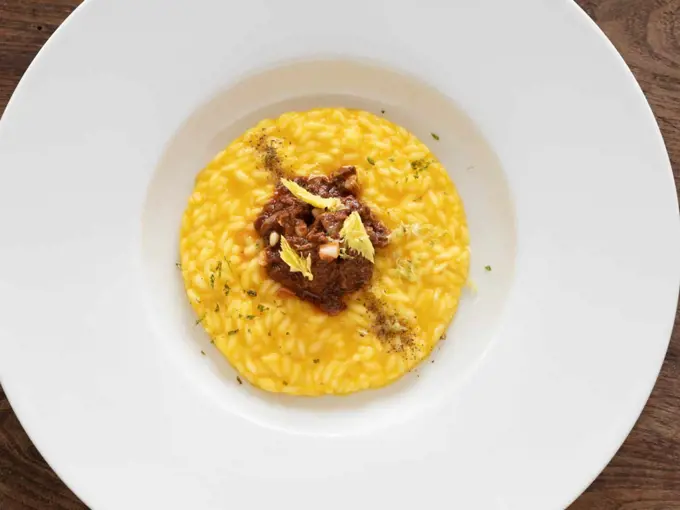 Wild boar risotto served at Vespasia in Norcia, Umbria.