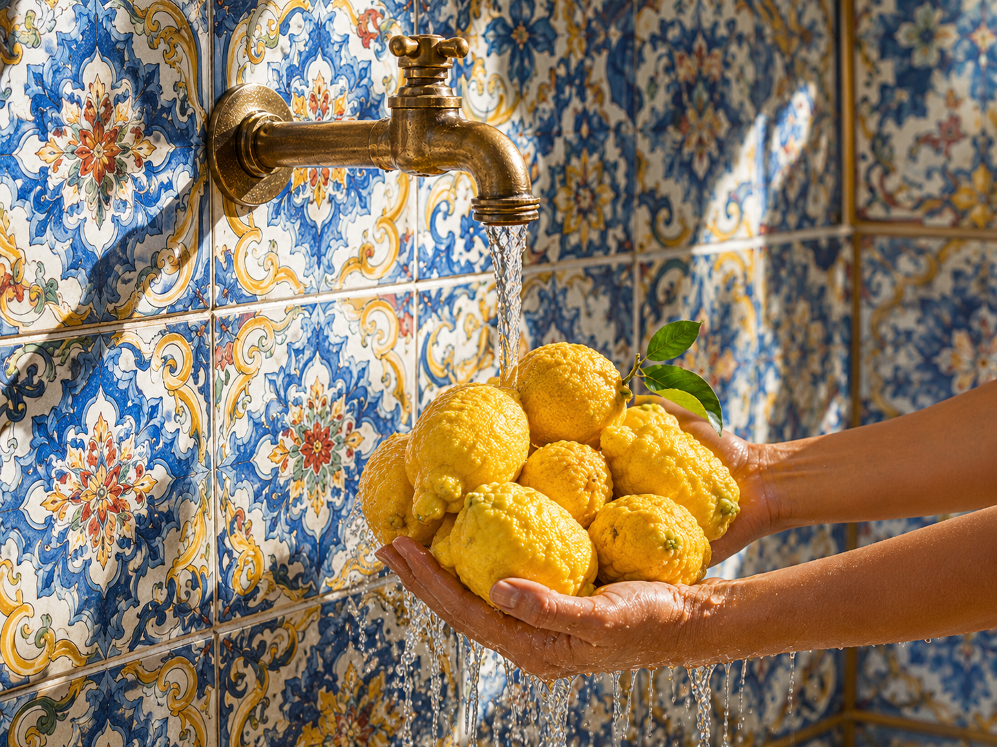 Fresh sa pompìa beneath running water, framed by traditional Sardinian-style tiles that reflect the island’s rich decorative heritage.