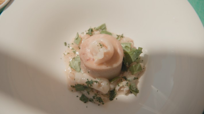Shot of Uliassi's signature dish: veal shank cross-cut with cod fish tripe, topped with parsley, basil and celery seeds. (National Geographic)