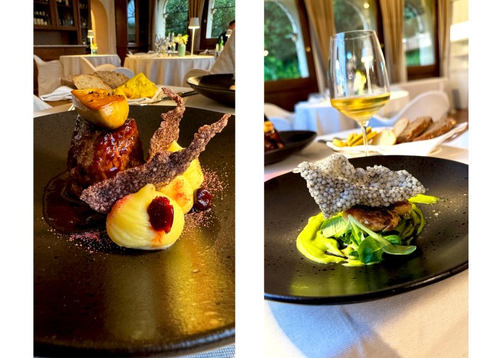 Two plated dishes served at La Terrazza at Albergo Al Sole in Asolo