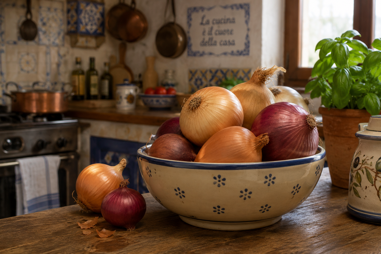 Bowl of onions illustrating the Italian expression vestirsi a cipolla, meaning to dress in layers.