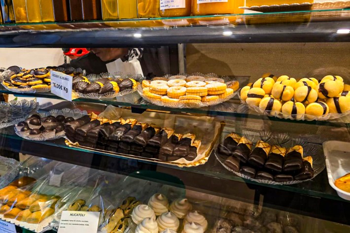 Cookie case at Pasticceria Gelateria Frisbi - Modica, Sicily. ©Theresa St John