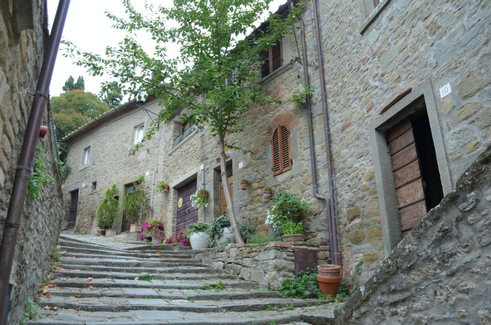 Stone steps and historic homes along a narrow street in Cortona, Italy