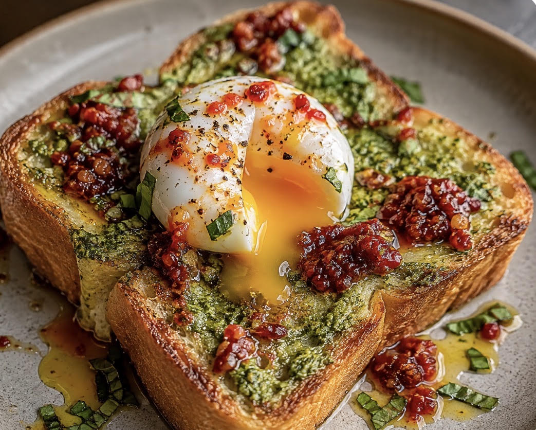 Savory Pesto French Toast with Jammy Eggs, Calabrian Chili & Tomatoes by Danielle Caminiti.