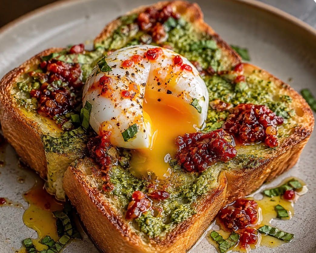 Savory Pesto French Toast with Jammy Eggs, Calabrian Chili & Tomatoes by Danielle Caminiti.
