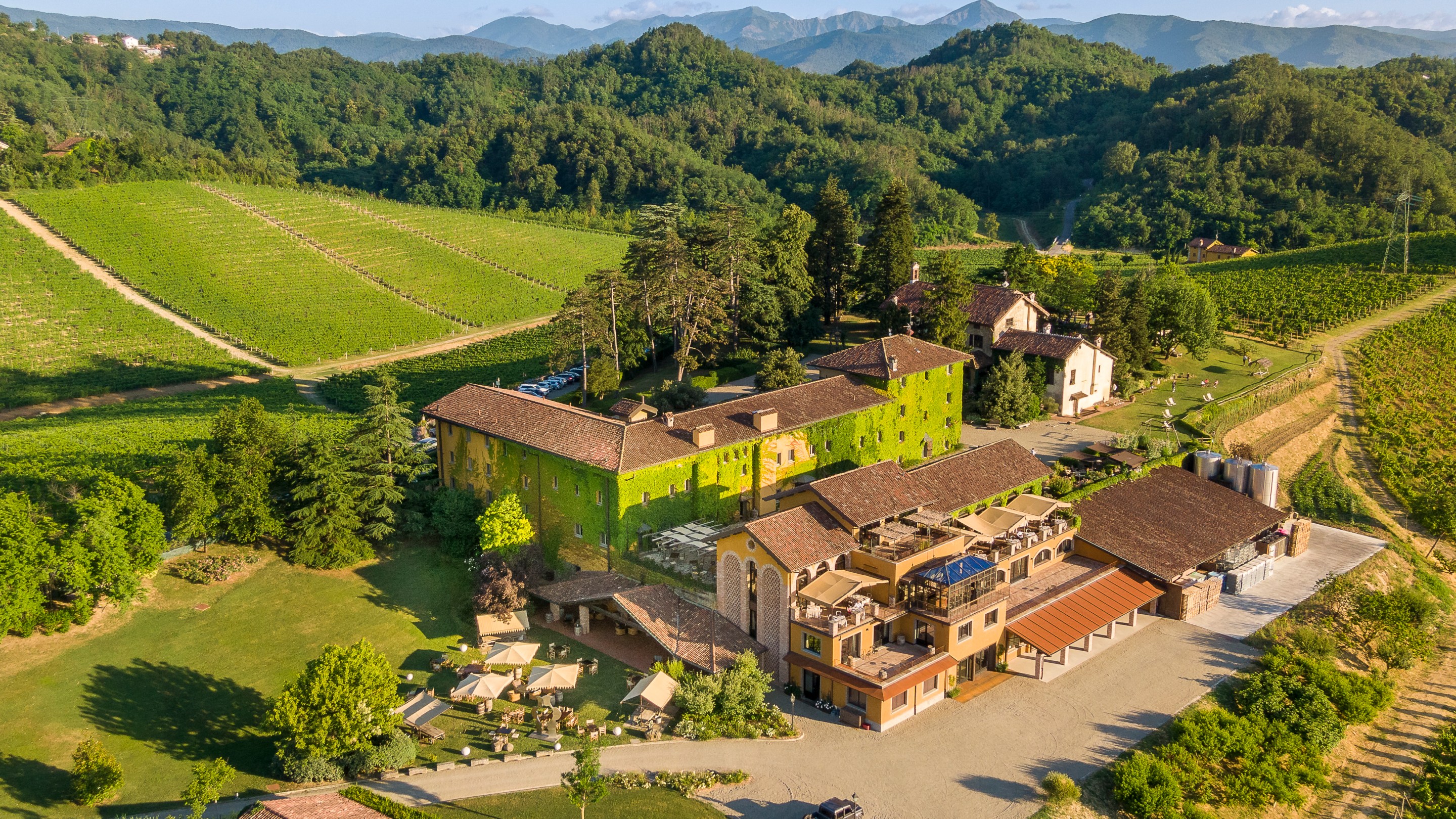 Aerial view of Villa Sparina estate in the Gavi region of Piedmont.