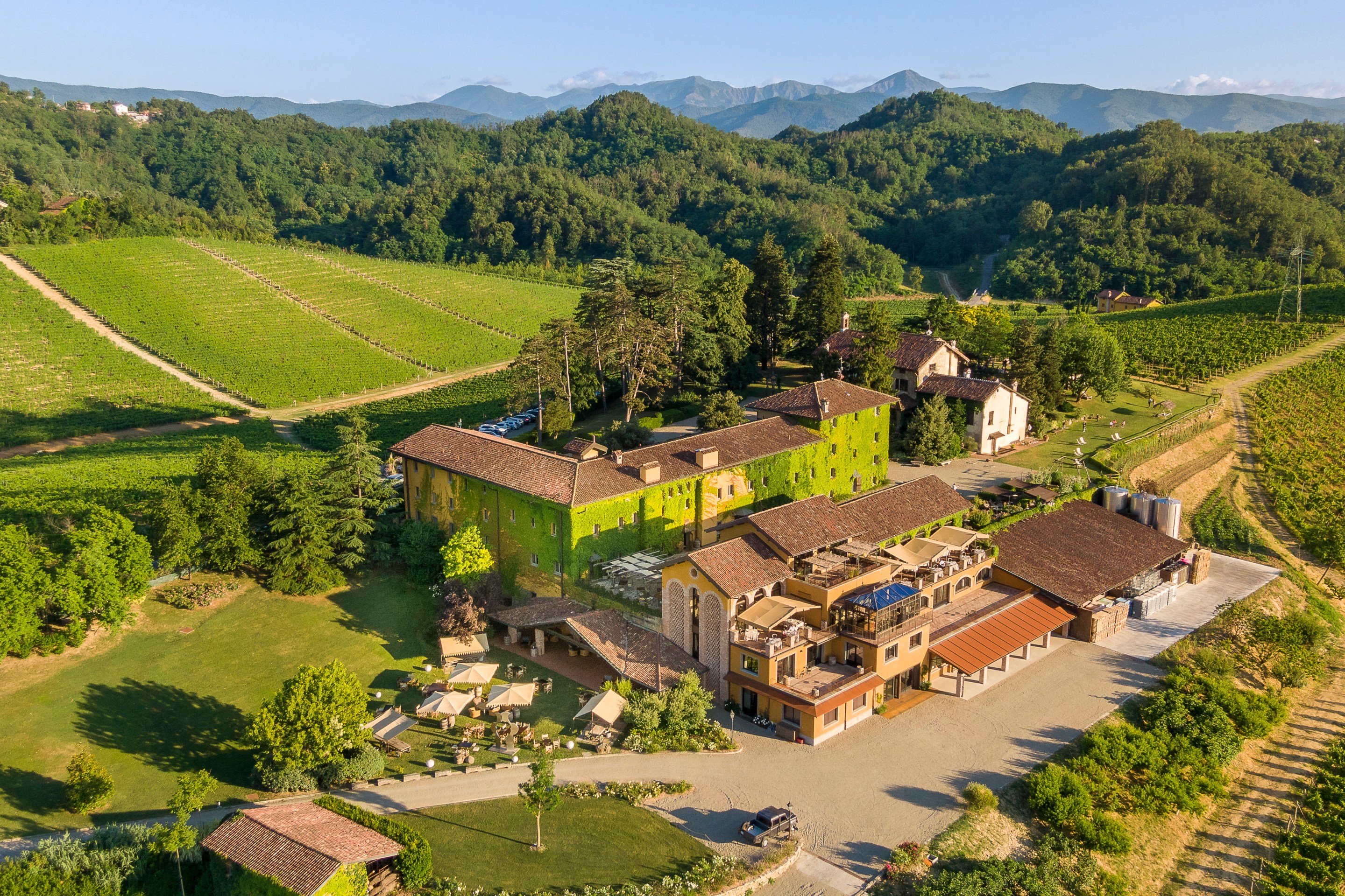 Aerial view of Villa Sparina estate in the Gavi region of Piedmont.