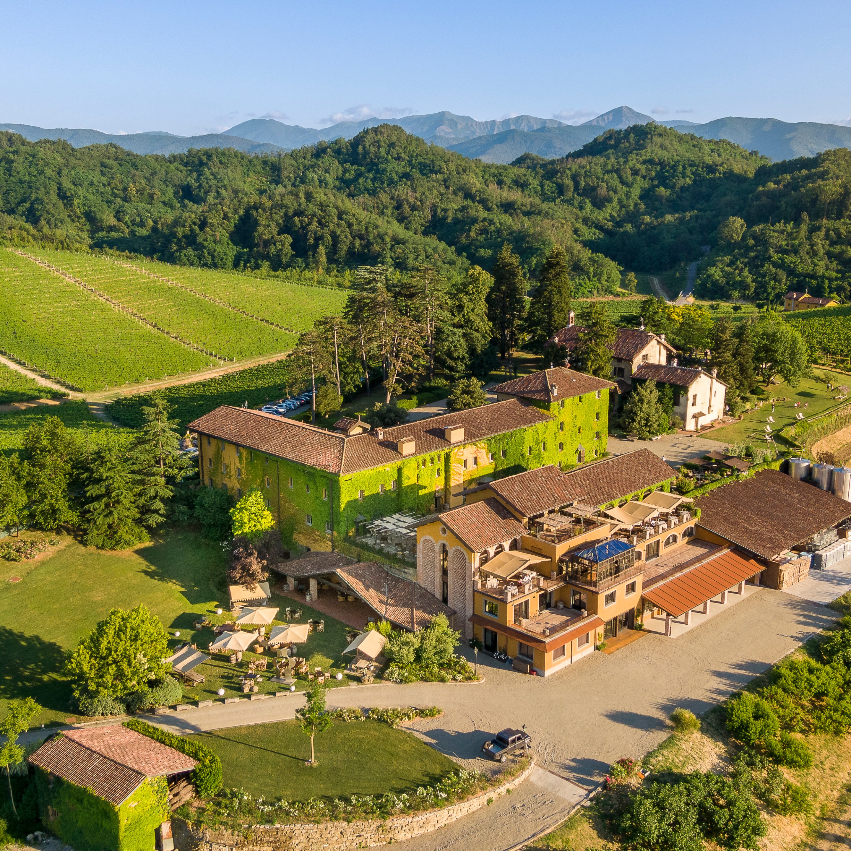 Aerial view of Villa Sparina estate in the Gavi region of Piedmont.