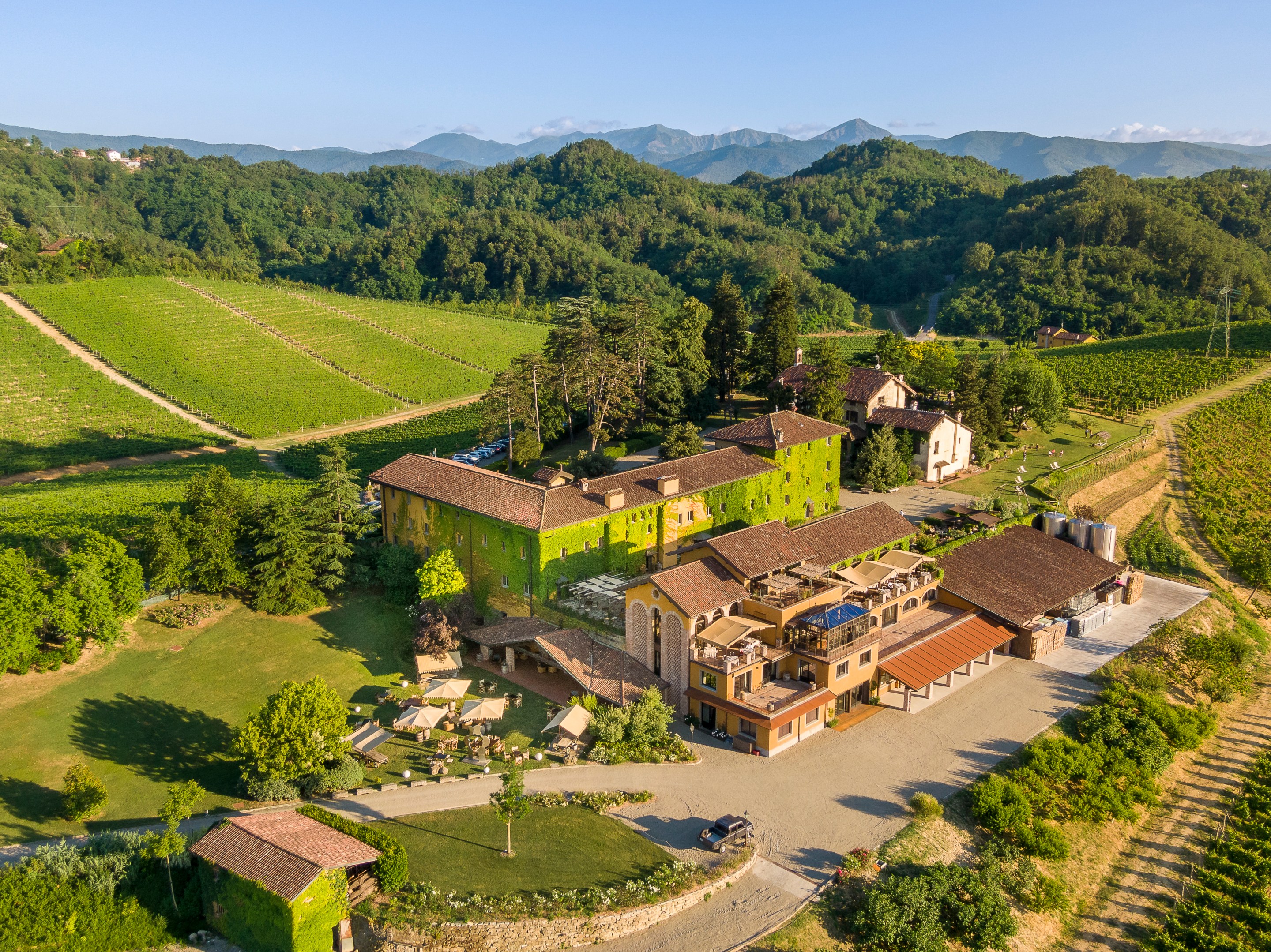 Aerial view of Villa Sparina estate in the Gavi region of Piedmont.