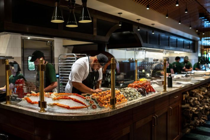 Open kitchen and seafood display at Jimmy's restaurant in Lodi.