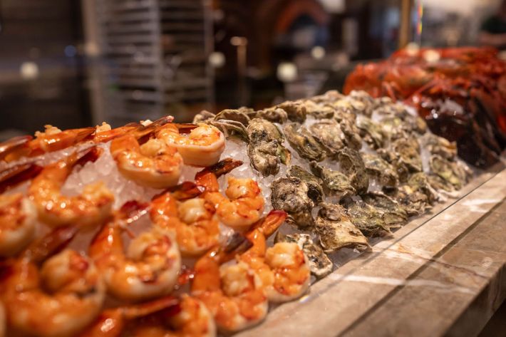 oysters, shrimp and king crab on ice at Jimmy's restaurant.