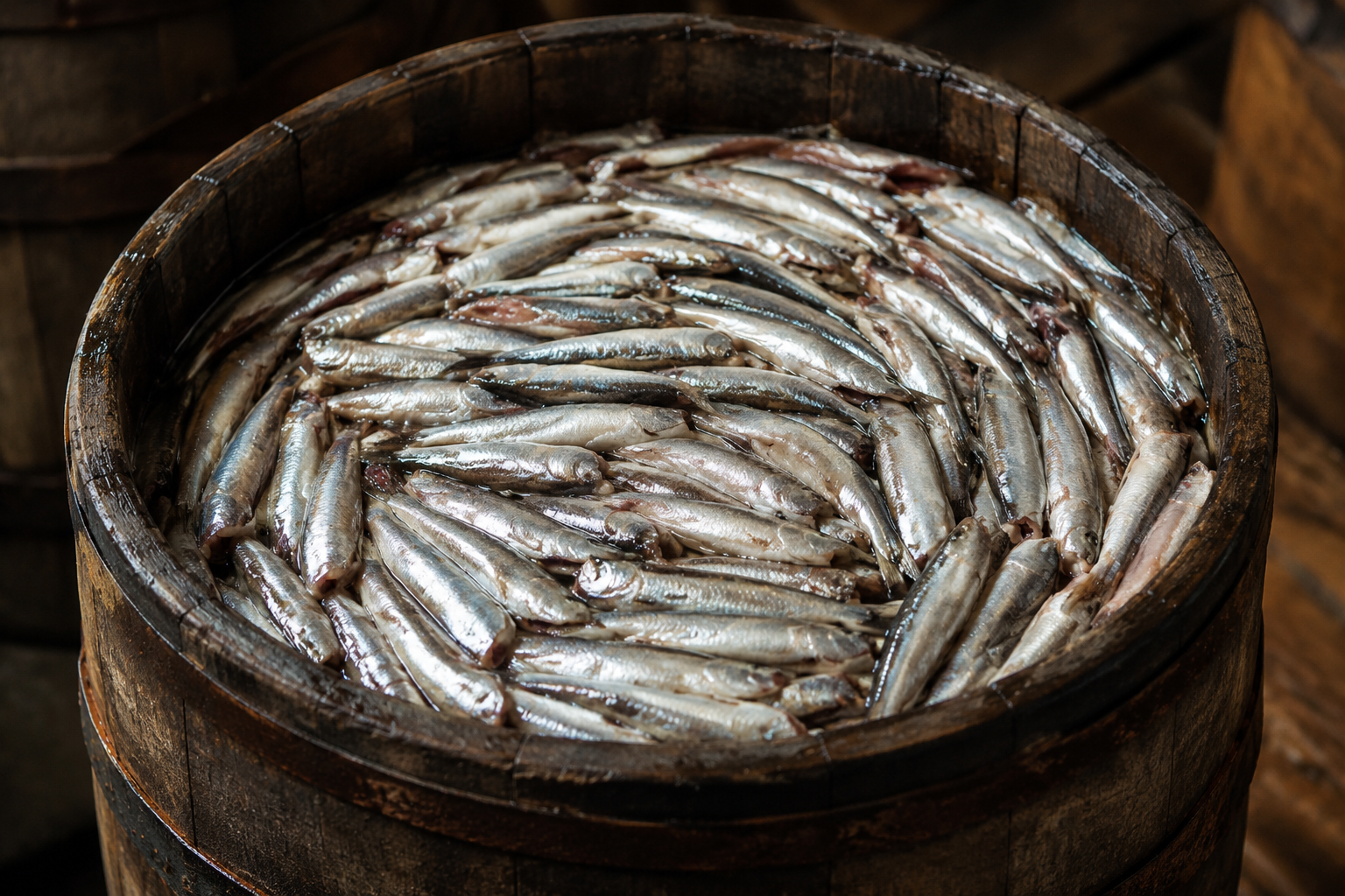 Small silver fish packed tightly inside a wooden barrel.