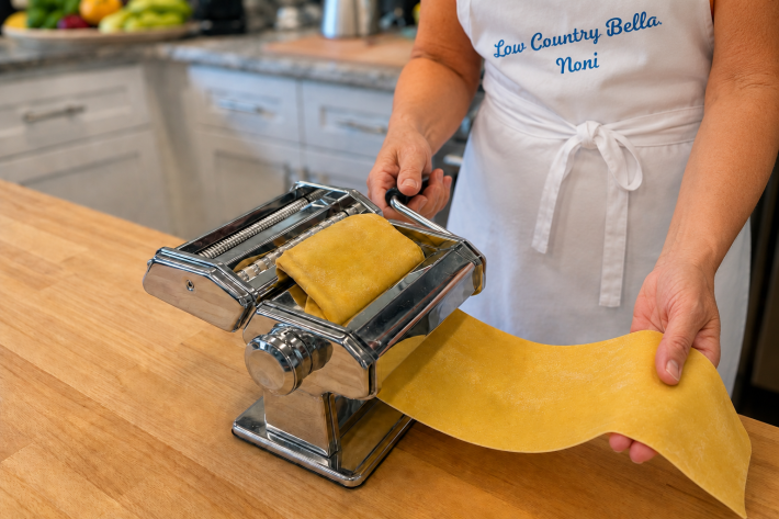 Lowcountry Bella rolling fresh pasta dough through a hand-crank pasta machine.