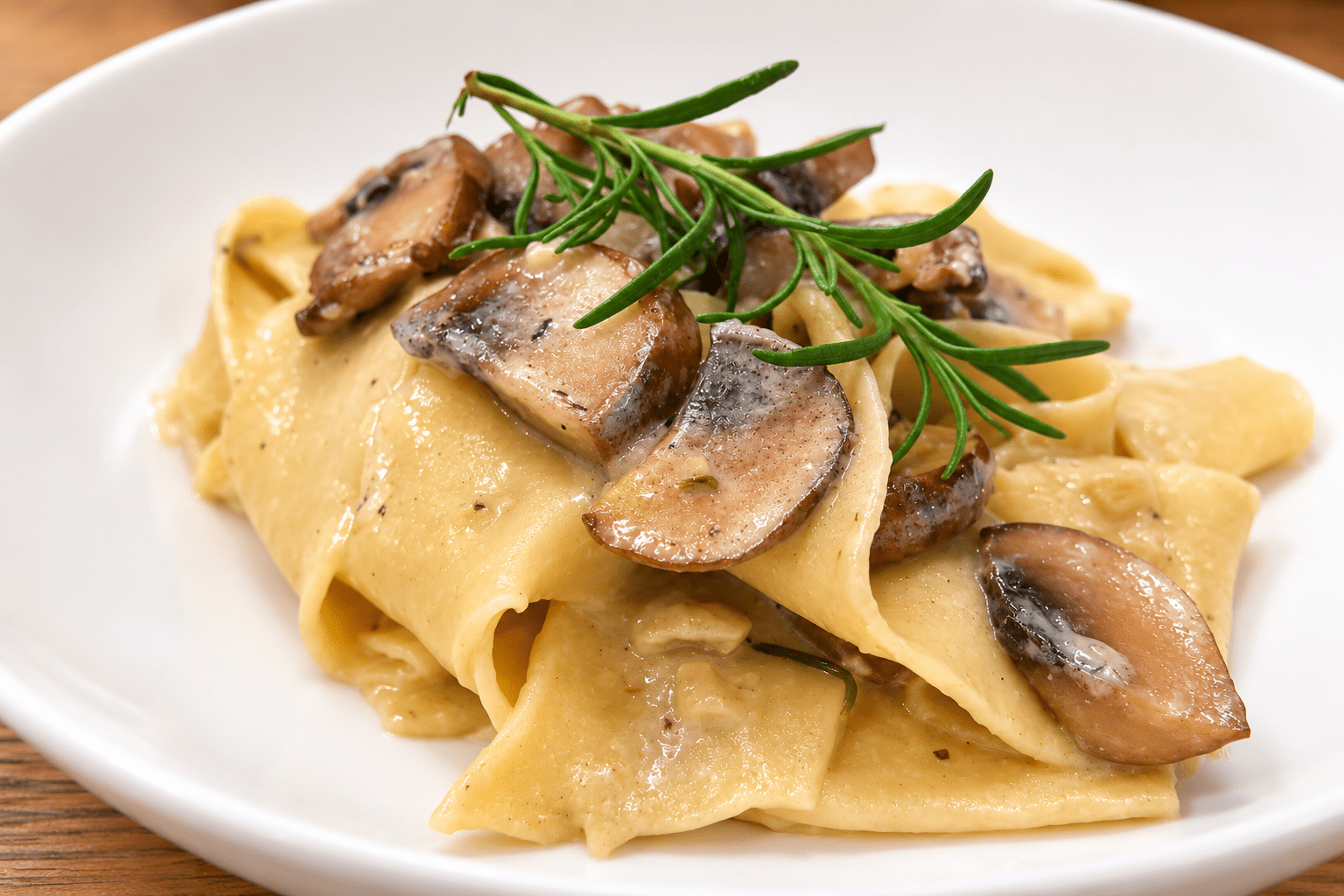 Fresh pappardelle with mushrooms and rosemary.