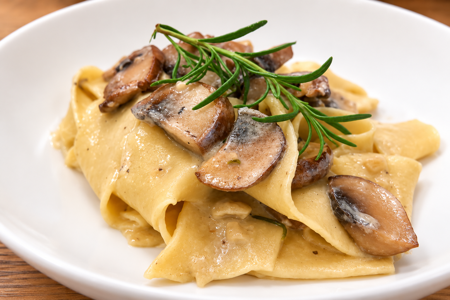Fresh pappardelle with mushrooms and rosemary.