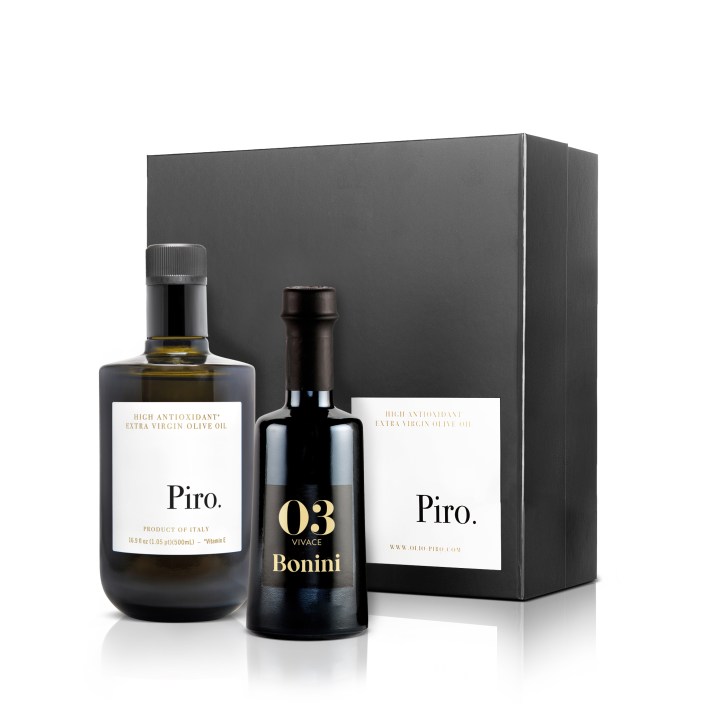 Olio Piro extra virgin olive oil and Bonini aged balsamic vinegar presented in a holiday gift box