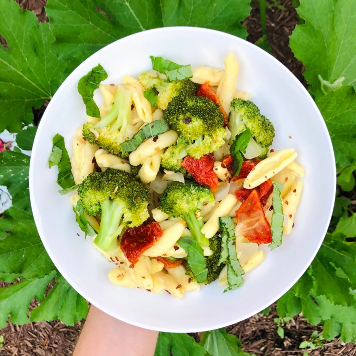 Pasta with broccoli, sun-dried tomatoes and basil.
