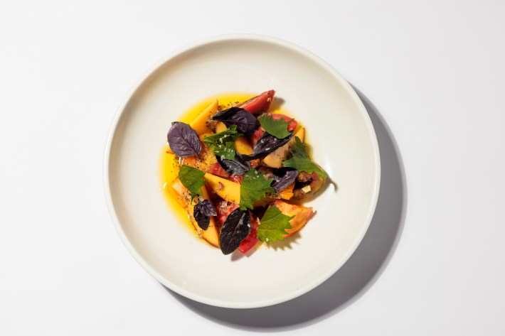 Tomato and Peach Salad with Shiso and Verbena Vinaigrette at Recente