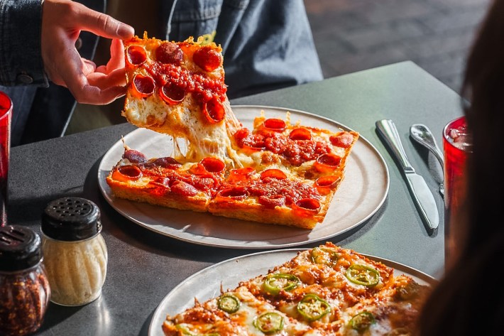 Gluten-free Detroit-style pepperoni pizza with a thick crust at Via 313 in Austin.
