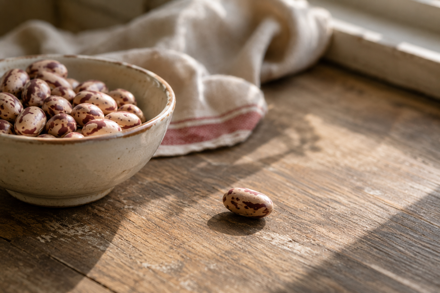 A lone bean on a table next to a bowl of beans