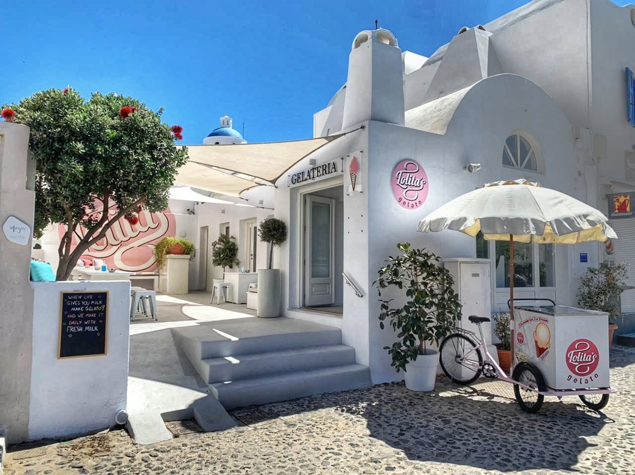 Exterior of Lolita’s Gelato in Oia, Santorini, Greece.