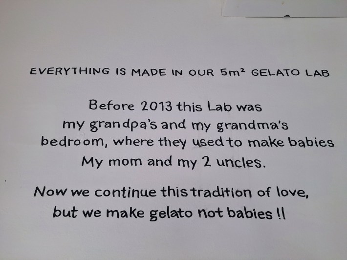 Sign inside Lolita’s Gelato explaining the history of its gelato lab.