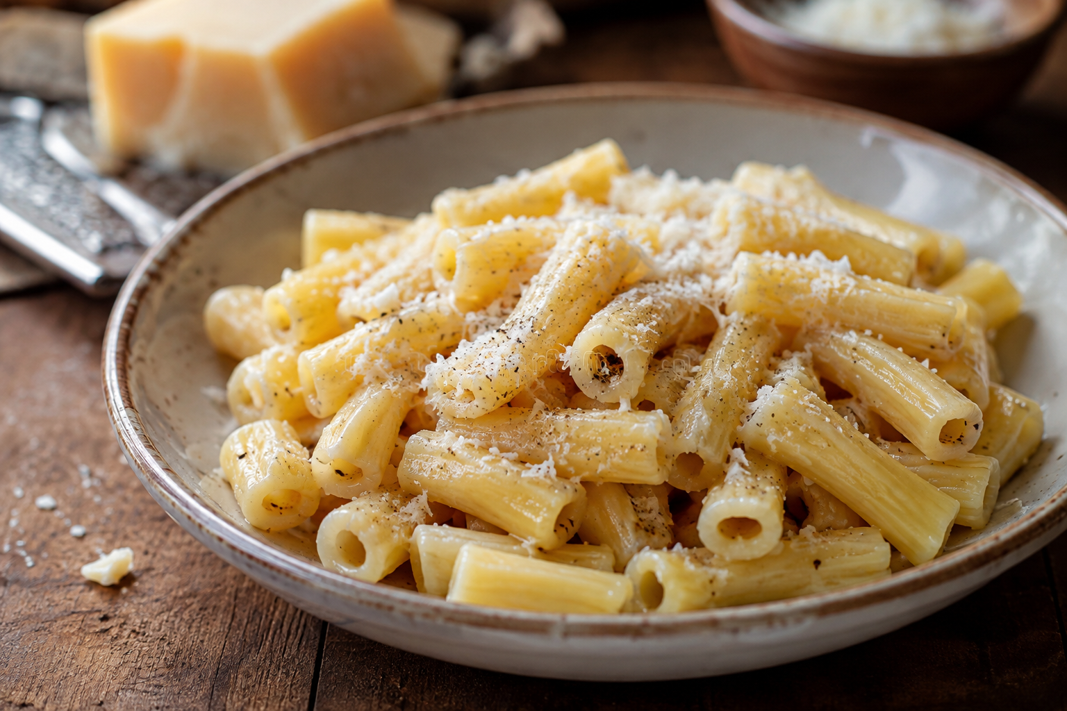 A bowl of pasta and cheese