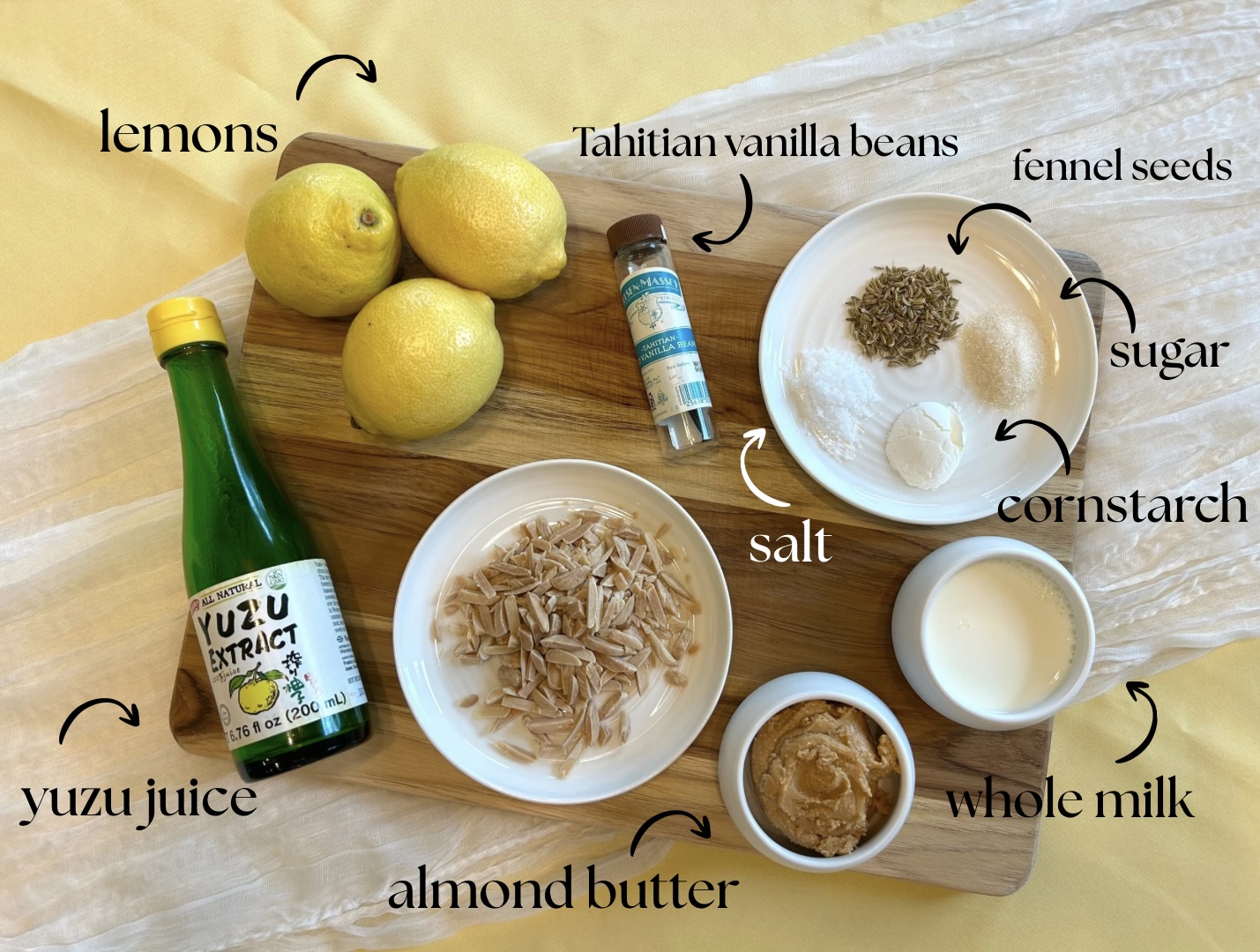 Sicilian Style Lemon, Yuzu and Fennel Gelato ingredients on a cutting board