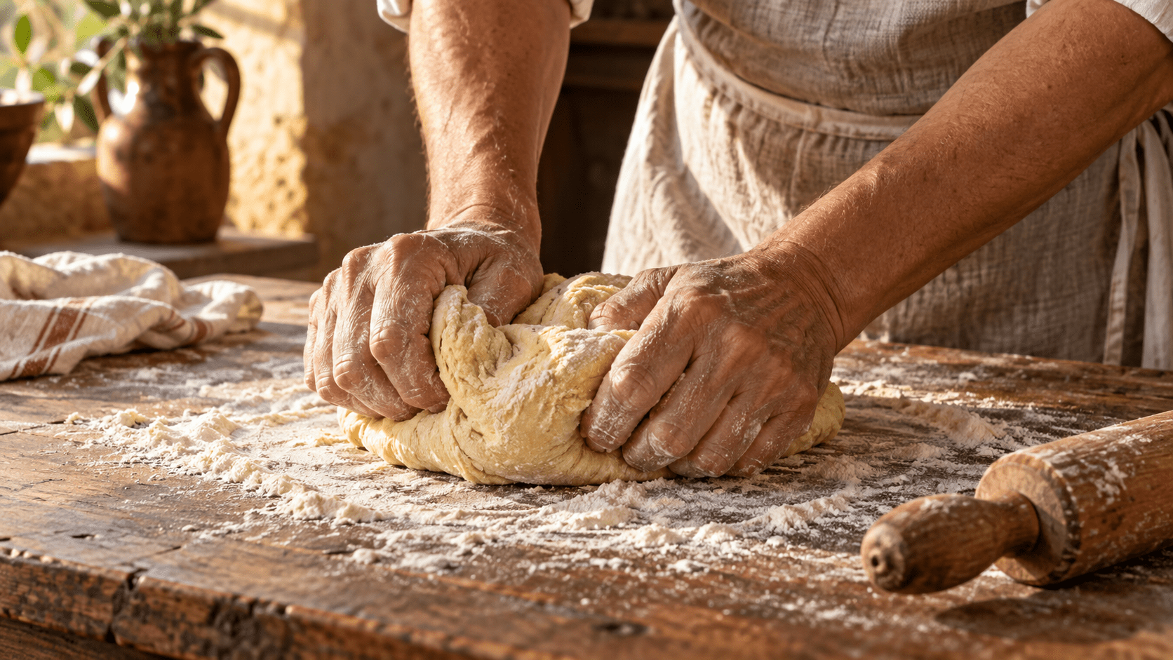 Hands shaping dough on a floured table
