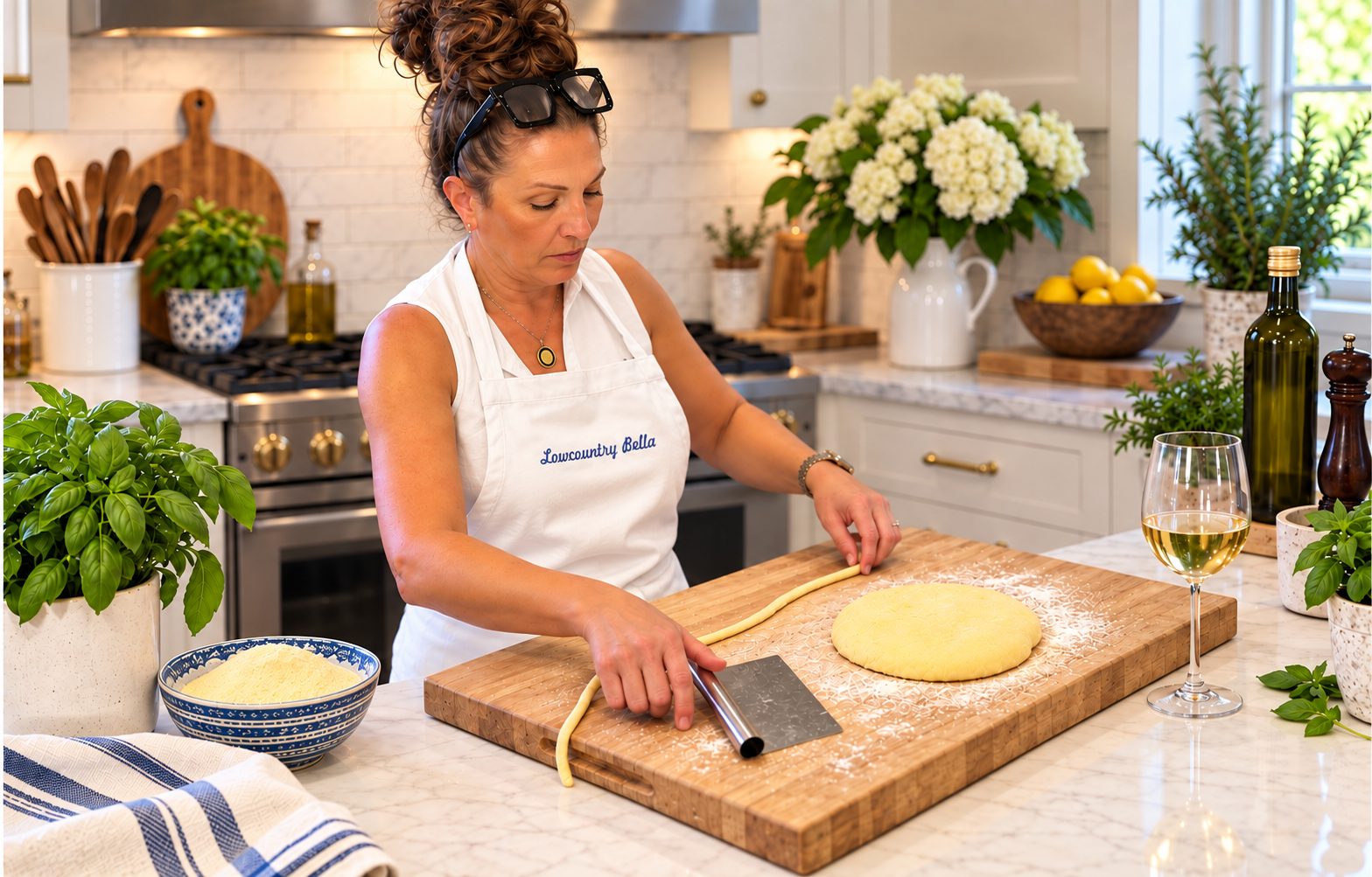 Lowcountry Bella rolls semolina pasta dough into a long rope on a floured wooden board.
