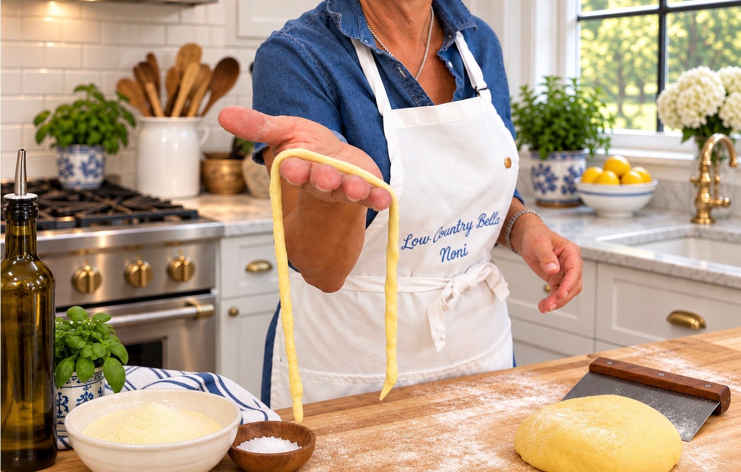 Handmade pici pasta strand being held in a kitchen
