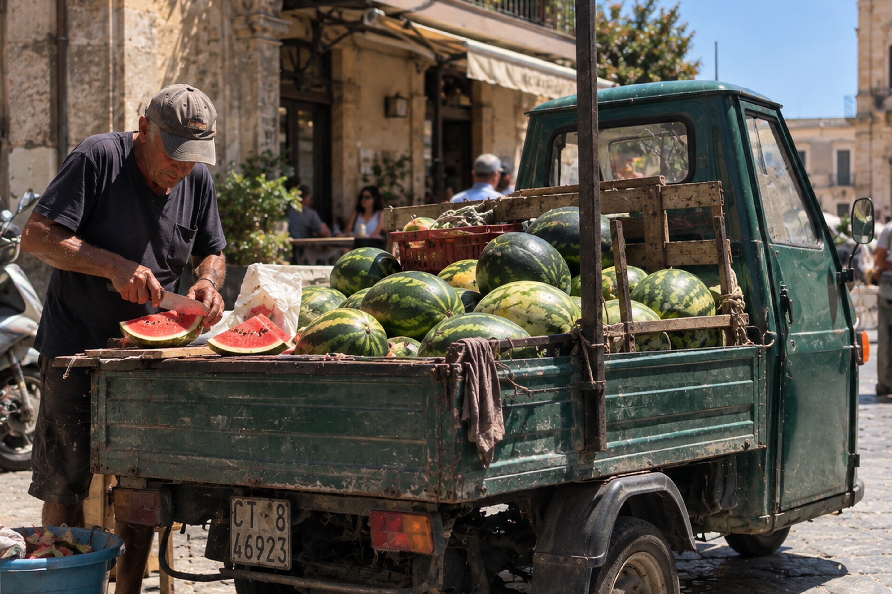 A man cutting watermelon beside a truck filled with watermelons in Sicily.