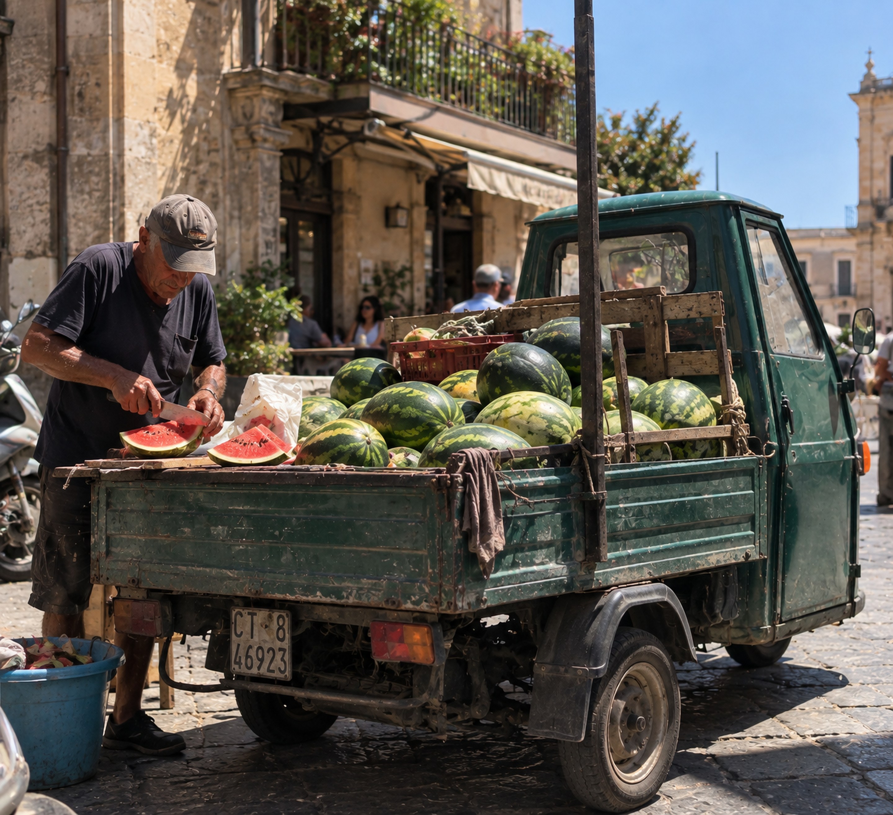 A man cutting watermelon beside a truck filled with watermelons in Sicily.