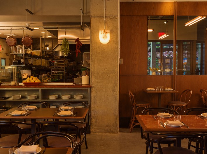 Dining room and open kitchen at LIBA in Brooklyn