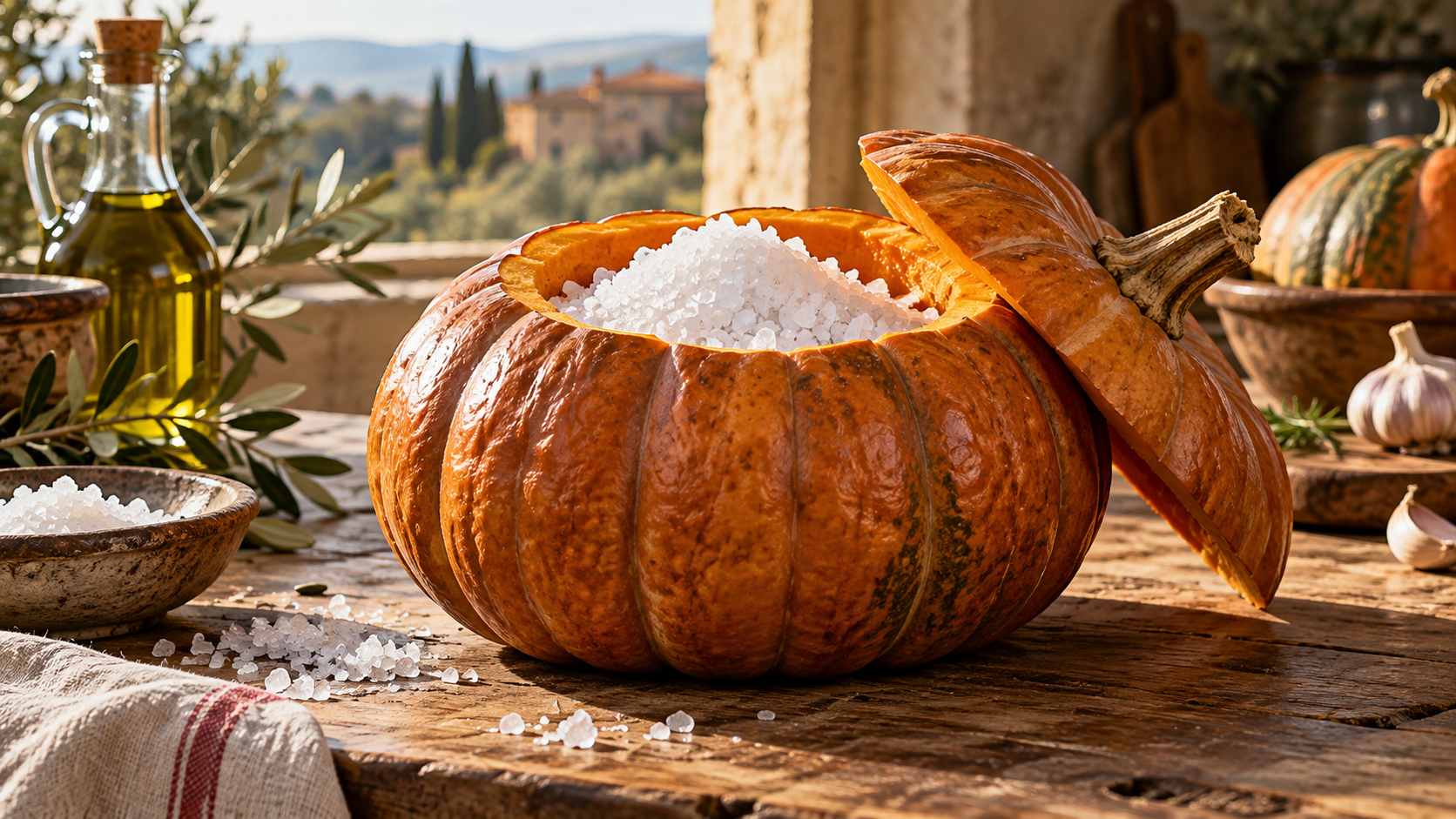 Salt inside a hollowed pumpkin.