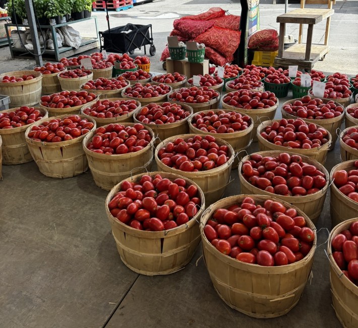Baskets of red tomatoes at Jean-Talon Market in Montreal