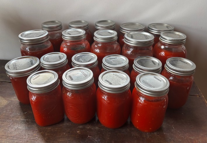 Glass jars filled with red tomato sauce and topped with metal lids