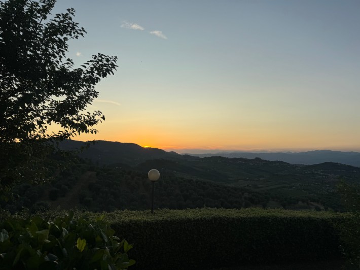 Golden sunset over rolling Tuscan hills, framed by trees and hedges at Hotel Tenuta di Artimino.