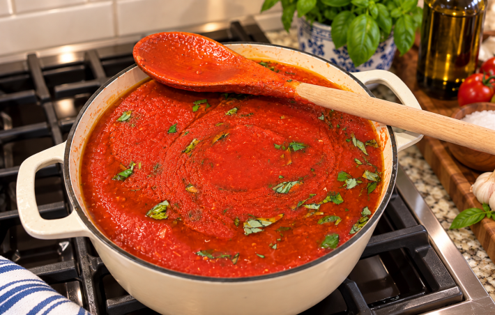 Tomato sauce with chopped basil in a white pot on the stove.