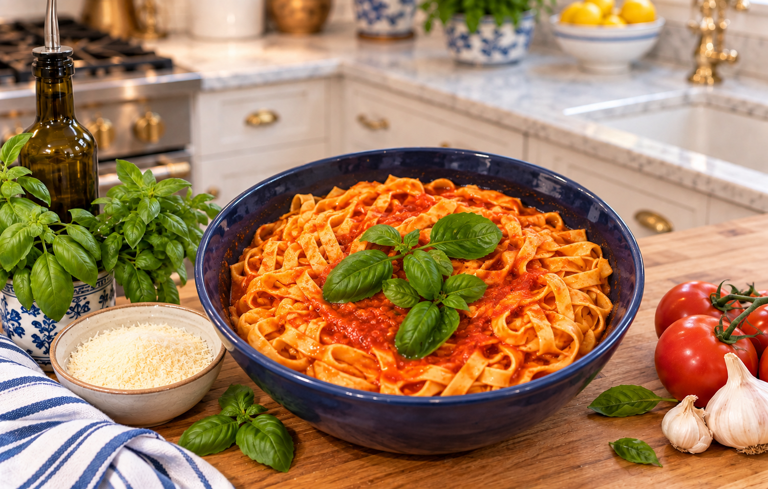 Blue bowl of ribbon pasta with tomato sauce and fresh basil, beside grated cheese.