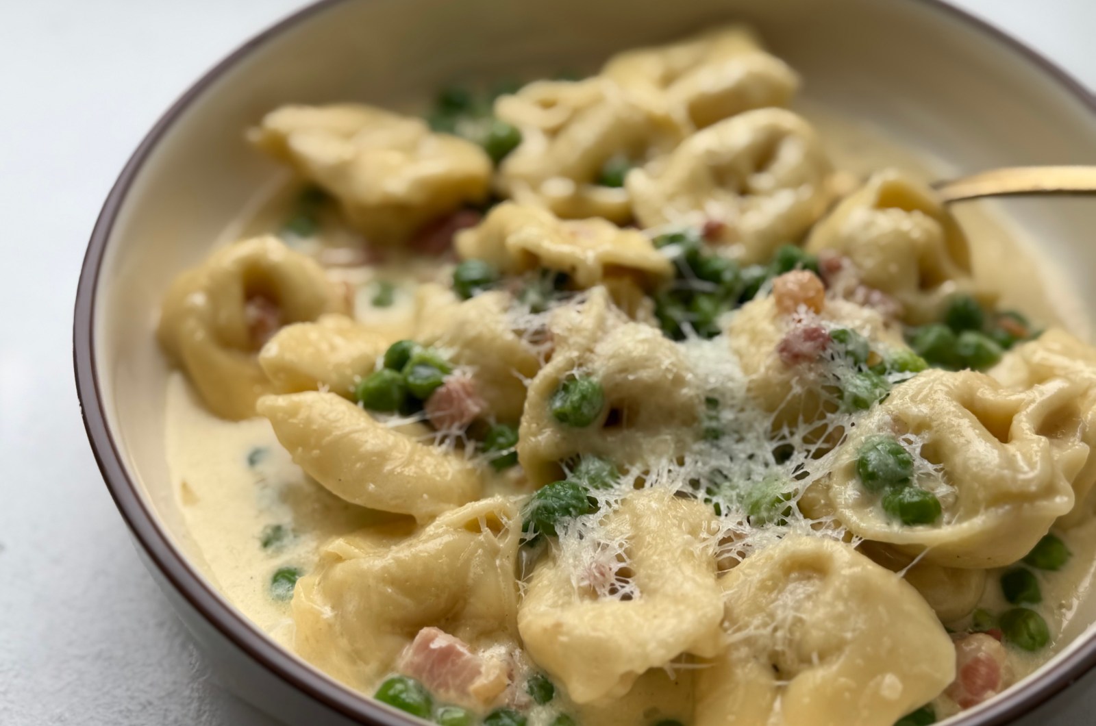 Cheese Tortellini with Pancetta and Peas
