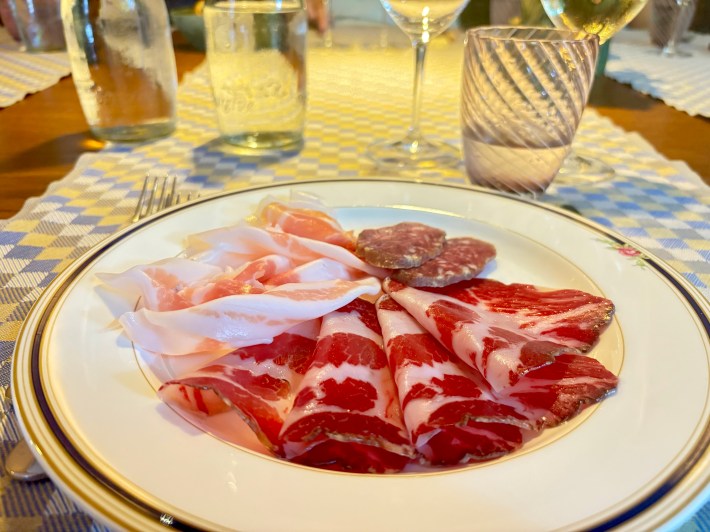 Plate of coppa, salame and pancetta at Locanda del Falco