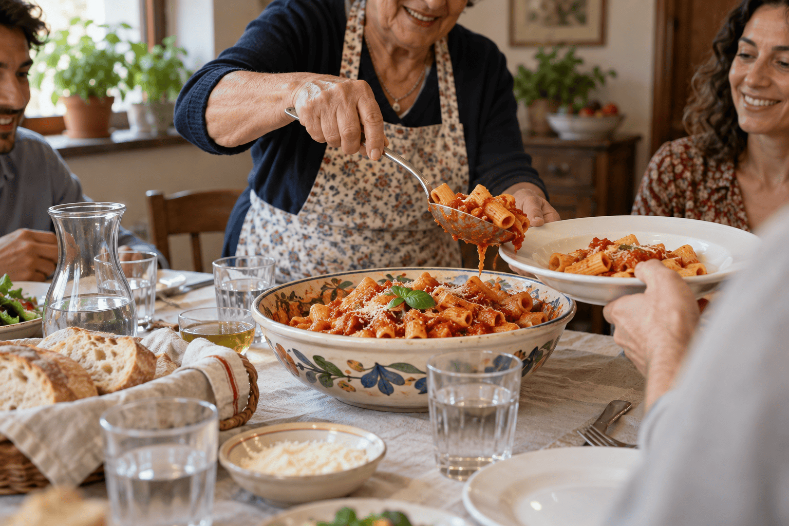 A grandma serving pasta to family