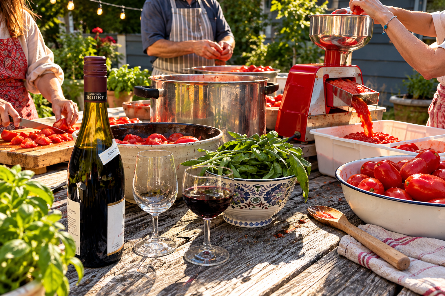 People preparing tomatoes around an outdoor table with a tomato mill
